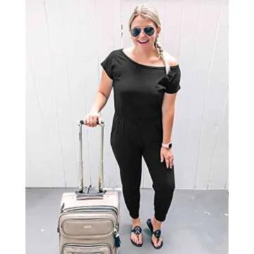 Alelly Women's Loose Fit Off Shoulder Elastic Waist Beam Foot Jumpsuit Rompers with Pockets