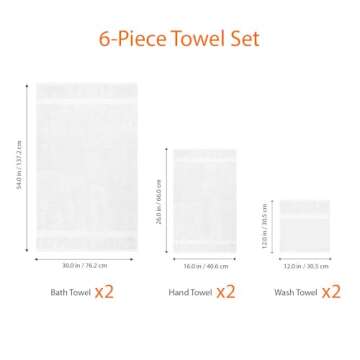 Amazon Basics 6 Piece Oversized Fade resistant Towel set, 100% Cotton towels for bathroom, soft and absorbent, 2 Bath Towels, 2 Hand Towels and 2 Washcloths bathroom towel set, White