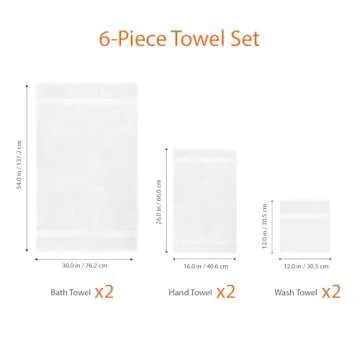 Amazon Basics 6 Piece Oversized Fade resistant Towel set, 100% Cotton towels for bathroom, soft and absorbent, 2 Bath Towels, 2 Hand Towels and 2 Washcloths bathroom towel set, White