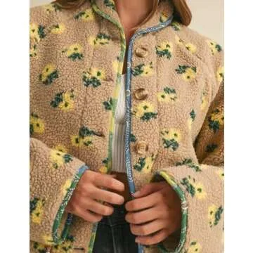 Dqbeng Womens Floral Print Sherpa Fleece Jackets Fuzzy Button Down Coat Warm Outwear with Pockets (Khaki-L)