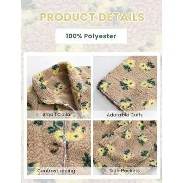 Dqbeng Womens Floral Print Sherpa Fleece Jackets Fuzzy Button Down Coat Warm Outwear with Pockets (Khaki-L)