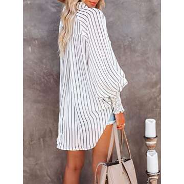 Paintcolors Women's Cotton Pocketed Button Up Shirts Long Billowy Sleeves Blouse V Neck High Low Statement Tunics Tops - Solid White XXL