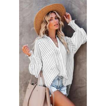 Paintcolors Women's Cotton Pocketed Button Up Shirts Long Billowy Sleeves Blouse V Neck High Low Statement Tunics Tops - Solid White XXL
