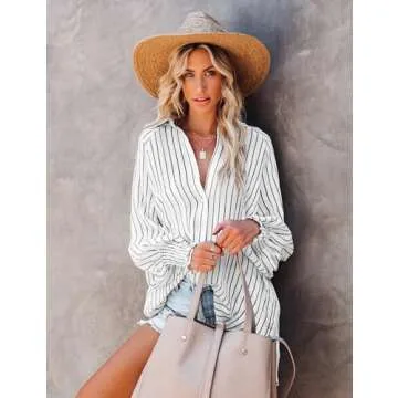 Paintcolors Women's Cotton Pocketed Button Up Shirts Long Billowy Sleeves Blouse V Neck High Low Statement Tunics Tops - Solid White XXL