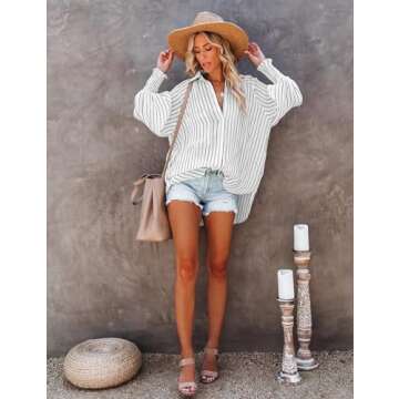 Paintcolors Women's Cotton Pocketed Button Up Shirts Long Billowy Sleeves Blouse V Neck High Low Statement Tunics Tops - Solid White XXL