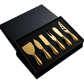 Golden Cheese Knife Set 6 Piece, Stainless Steel Cutter & Spreader for Holidays