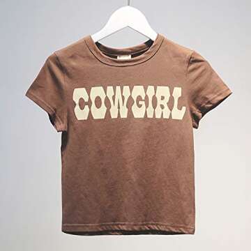 MISSACTIVER Women’s Y2K Sexy Vintage Graphic and Letter Print Crop Top Casual Summer Slim Short Sleeve Crop T-Shirt(Cowgirl-Brown,Medium)