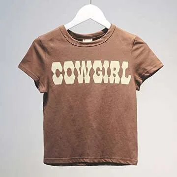 MISSACTIVER Women’s Y2K Sexy Vintage Graphic and Letter Print Crop Top Casual Summer Slim Short Sleeve Crop T-Shirt(Cowgirl-Brown,Medium)