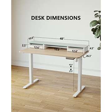 BANTI 48"x 26" Electric Standing Desk with Glass Top Monitor Stand, Adjustable Sit Stand Up Table with Double Drawer, Sit Stand Desk with Storage Shelf, Light Walnut Top