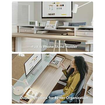 BANTI 48"x 26" Electric Standing Desk with Glass Top Monitor Stand, Adjustable Sit Stand Up Table with Double Drawer, Sit Stand Desk with Storage Shelf, Light Walnut Top