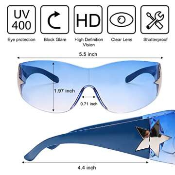 Rimless Y2K Sunglasses for Women Men,Trendy Shield Wrap Around Sunglasses Oversized Fashion Blue Frameless Sun Glasses