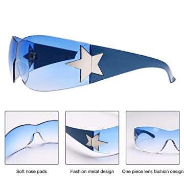 Rimless Y2K Sunglasses for Women Men,Trendy Shield Wrap Around Sunglasses Oversized Fashion Blue Frameless Sun Glasses