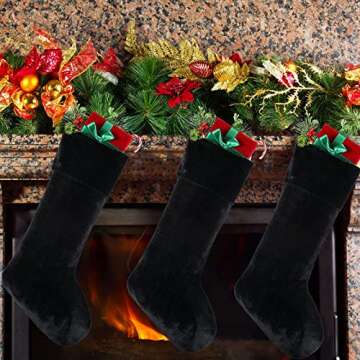 Juinipe Christmas Velvet Stocking 10 x 19 Inch Christmas Hanging Black Stockings Xmas Sock Spooky for Fireplace Christmas Tree Ornament Holiday Season Party Decorations (4 Pieces)