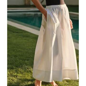 YEXPINE Women's Long Cotton Maxi Skirt Pleated Elastic Waisted Casual Long Skirts Flowy Boho A Line ...