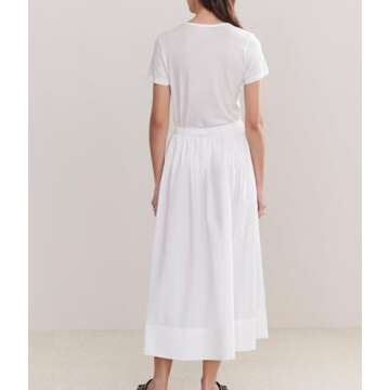 YEXPINE Women's Long Cotton Maxi Skirt Pleated Elastic Waisted Casual Long Skirts Flowy Boho A Line Beach Dress White