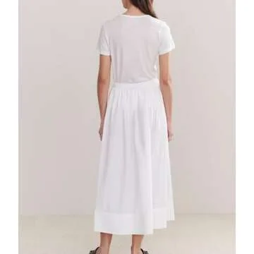 YEXPINE Women's Long Cotton Maxi Skirt Pleated Elastic Waisted Casual Long Skirts Flowy Boho A Line Beach Dress White