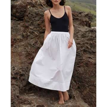 YEXPINE Women's Long Cotton Maxi Skirt Pleated Elastic Waisted Casual Long Skirts Flowy Boho A Line Beach Dress White