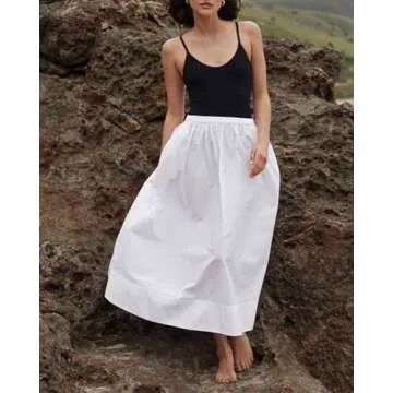 YEXPINE Women's Long Cotton Maxi Skirt Pleated Elastic Waisted Casual Long Skirts Flowy Boho A Line Beach Dress White