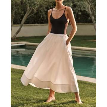 YEXPINE Women's Long Cotton Maxi Skirt Pleated Elastic Waisted Casual Long Skirts Flowy Boho A Line Beach Dress White