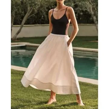 YEXPINE Women's Long Cotton Maxi Skirt Pleated Elastic Waisted Casual Long Skirts Flowy Boho A Line Beach Dress White