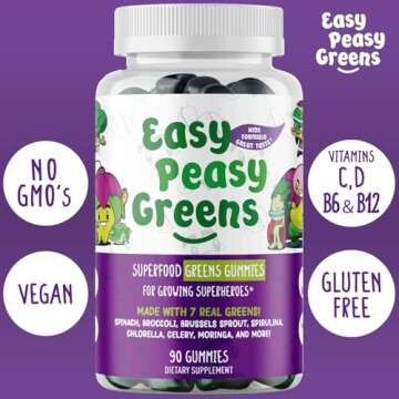 EasyPeasyGreens Daily Veggie Gummies for Kids - 90 Greens Gummies - Helps Picky Eaters Get Their Veggies in - Made with 10 Real Vegetable Extracts and 100% Vegan