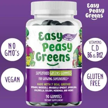 EasyPeasyGreens Daily Veggie Gummies for Kids - 90 Greens Gummies - Helps Picky Eaters Get Their Veggies in - Made with 10 Real Vegetable Extracts and 100% Vegan