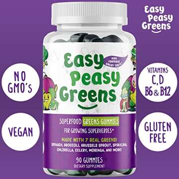 EasyPeasyGreens Daily Veggie Gummies for Kids - 90 Greens Gummies - Helps Picky Eaters Get Their Veggies in - Made with 10 Real Vegetable Extracts and 100% Vegan