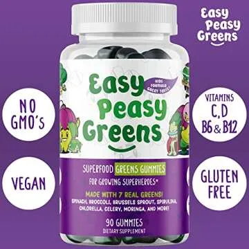 EasyPeasyGreens Daily Veggie Gummies for Kids - 90 Greens Gummies - Helps Picky Eaters Get Their Veggies in - Made with 10 Real Vegetable Extracts and 100% Vegan