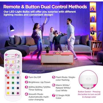 Rechargeable Battery Operated Light Bulb with Remote Control 2 Packs, 350LM Dimmable Detachable LED Bulb with 15 Colors Selectable & 3 Timer, Wireless Puck Light Bulb for Wall Sconce, Non-Hardwired