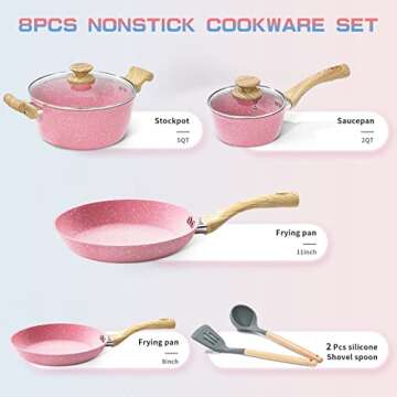 Innerwell Pots and Pans Set, 8 Pieces Non Stick Cookware Set, Pink Granite Stone Nonstick Cookware S...