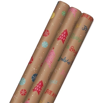 Hallmark Christmas Wrapping Paper - 3 Pack of Kraft Joyful Wrap