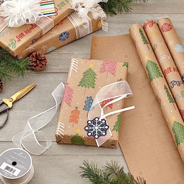 Hallmark Christmas Wrapping Paper - 3 Pack of Kraft Joyful Wrap