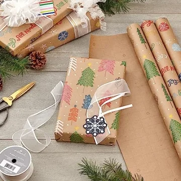 Hallmark Christmas Wrapping Paper - 3 Pack of Kraft Joyful Wrap
