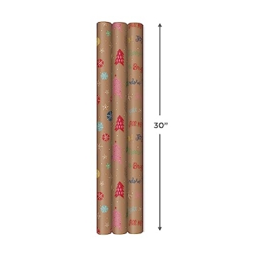 Hallmark Christmas Wrapping Paper - 3 Pack of Kraft Joyful Wrap