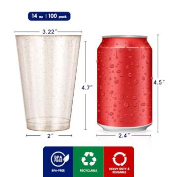 JOLLY CHEF 100 Pack 14 oz Gold Plastic Cups, Disposable Gold Glitter Plastic Cups, Clear Plastic Cup...