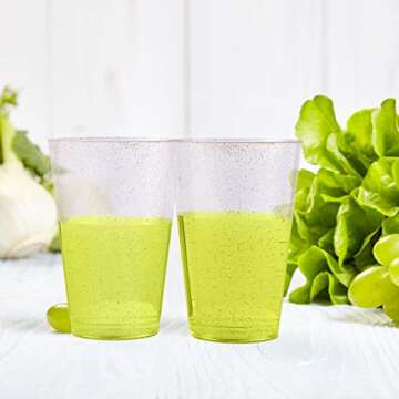 JOLLY CHEF 100 Pack 14 oz Gold Plastic Cups, Disposable Gold Glitter Plastic Cups, Clear Plastic Cups Tumblers, Wedding Cups Party Cups,Ideal for Halloween,Thanksgiving,Christmas