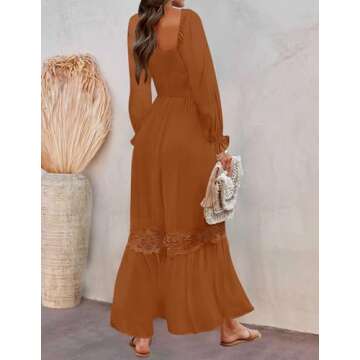 ZESICA Women's Boho Long Sleeve Square Neck Smocked High Waist Flowy A Line Lace Trim Maxi Dress Brown S