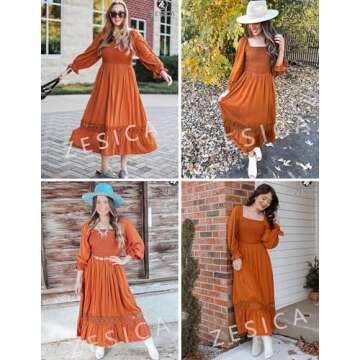 ZESICA Women's Boho Long Sleeve Square Neck Smocked High Waist Flowy A Line Lace Trim Maxi Dress Brown S