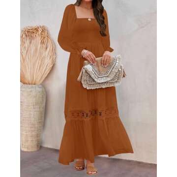 ZESICA Women's Boho Long Sleeve Square Neck Smocked High Waist Flowy A Line Lace Trim Maxi Dress Brown S