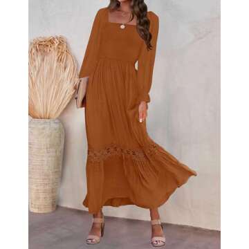 ZESICA Women's Boho Long Sleeve Square Neck Smocked High Waist Flowy A Line Lace Trim Maxi Dress Brown S