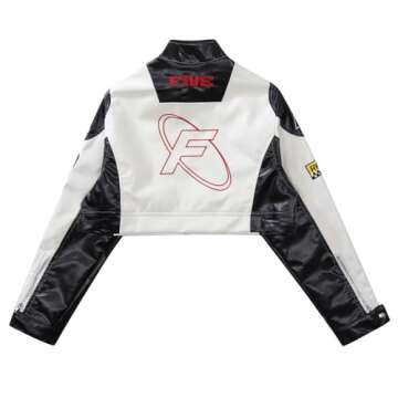 Aelfric Eden Leather Jacket Varsity Jacket for Women Color Block Bomber Vintage Crop Racing Jackets