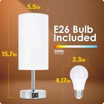 Yarra-Decor Bedside Lamp with USB Port - Touch Control Table Lamp for Bedroom 3 Way Dimmable Nightstand Lamp with Round White Fabric Shade for Living Room, Dorm, Home Office (LED Bulb Included)