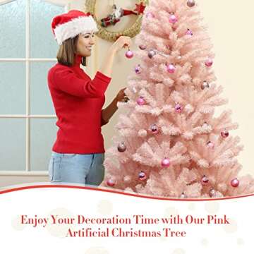 Goplus Pink Artificial Christmas Tree, 7FT Premium Unlit Hinged Spruce Full Tree, with Metal Stand, Easy Assembly, for Indoor and Outdoor Use (7ft)
