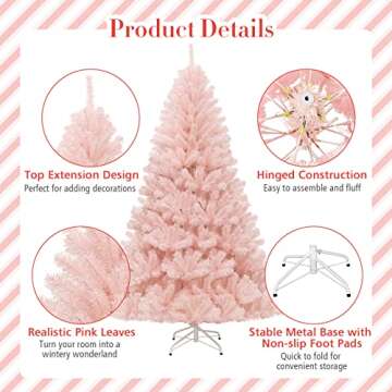 Goplus Pink Artificial Christmas Tree, 7FT Premium Unlit Hinged Spruce Full Tree, with Metal Stand, Easy Assembly, for Indoor and Outdoor Use (7ft)