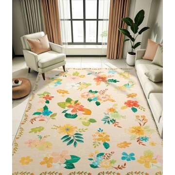 YIHOUSE Floral Print Beige Washable Area Rug 8'x10'- Large Colorful Ultra-Thin Non-Slip Area Rug for...