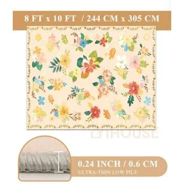 YIHOUSE Floral Print Beige Washable Area Rug 8'x10'- Large Colorful Ultra-Thin Non-Slip Area Rug for Living Room, Bedroom, Nursery Room, Classroom, Playroom,Home Office (Beige, 8x10ft)