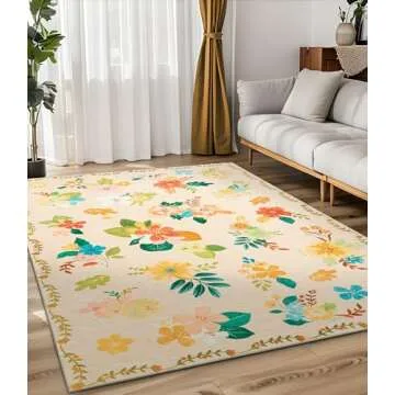 YIHOUSE Floral Print Beige Washable Area Rug 8'x10'- Large Colorful Ultra-Thin Non-Slip Area Rug for Living Room, Bedroom, Nursery Room, Classroom, Playroom,Home Office (Beige, 8x10ft)