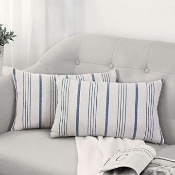 AELS 12x20 Decorative Farmhouse Throw Lumbar Pillow Covers, Modern Rectangle Pillow Case Cover, Set of 2 Navy Blue Stripes Textured Linen Cushion Cover for Sofa Couch Bedroom Living Room