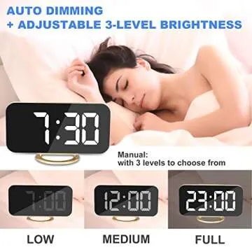 Ygdigital Digital Alarm Clock,6.5 Inch LED Mirror Electronic Clocks,with 2 USB Charging Ports,3 Adjustable Brightness, Snooze,12/24H, for Bedroom Home Office (Gold)