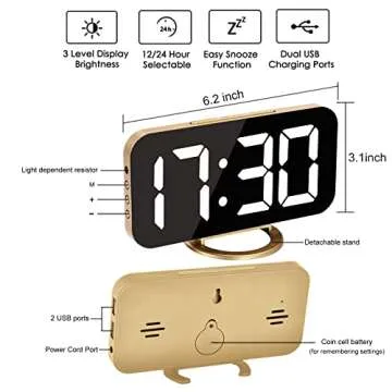 Ygdigital Digital Alarm Clock,6.5 Inch LED Mirror Electronic Clocks,with 2 USB Charging Ports,3 Adjustable Brightness, Snooze,12/24H, for Bedroom Home Office (Gold)